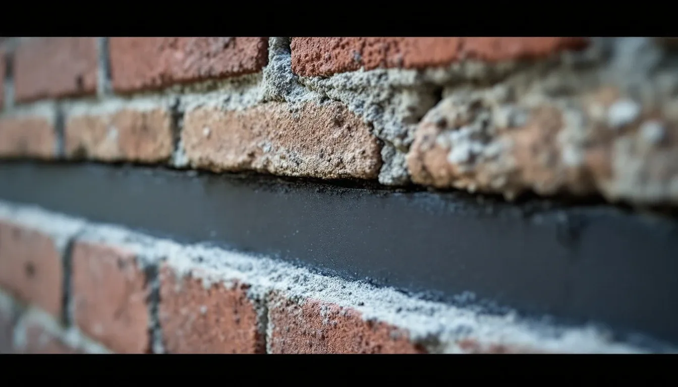 Close-up of black damp proof course membrane between brick courses in UK wall showing DPC material detail