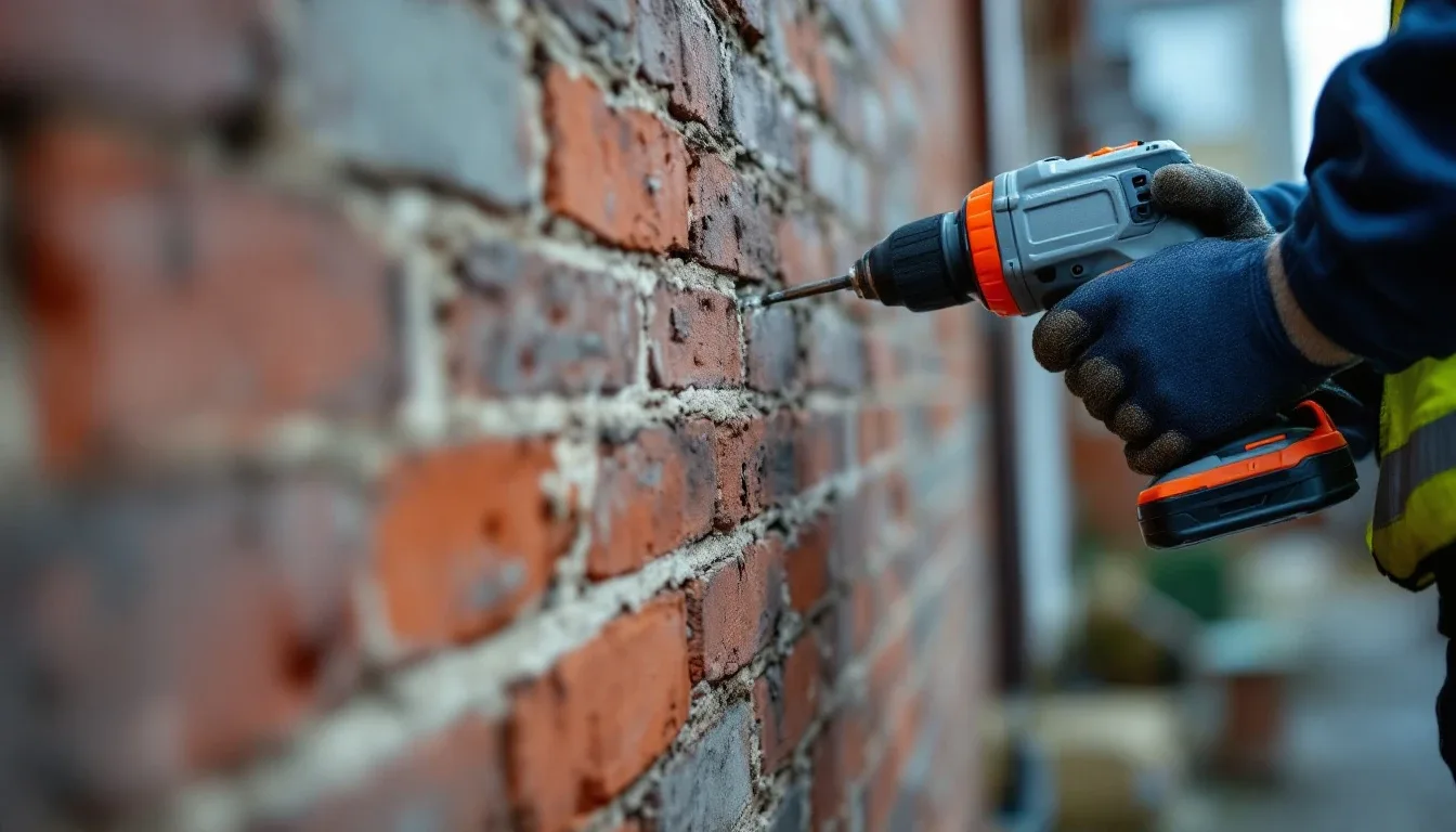 Professional damp specialist drilling injection holes in external brick wall for chemical DPC treatment