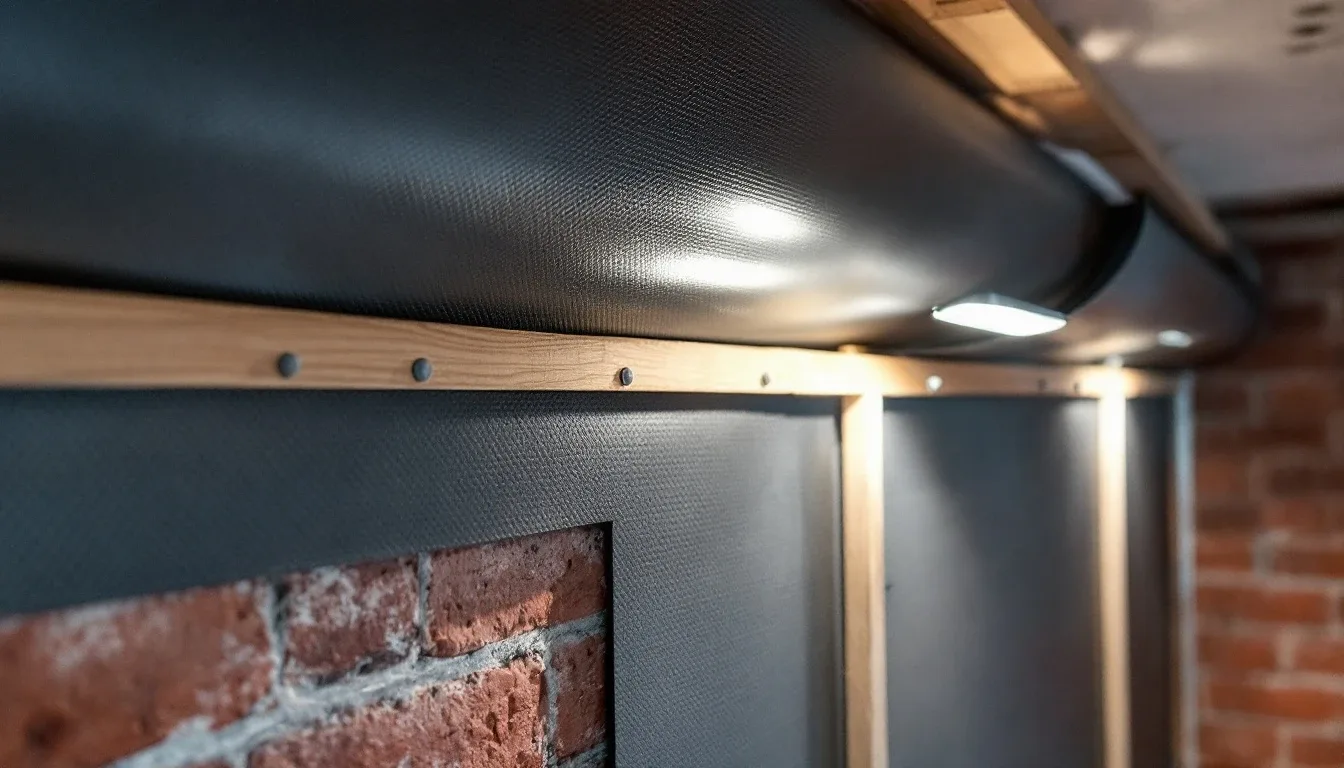 Black cavity drain membrane fixed over an internal brick wall with timber battens during damp treatment