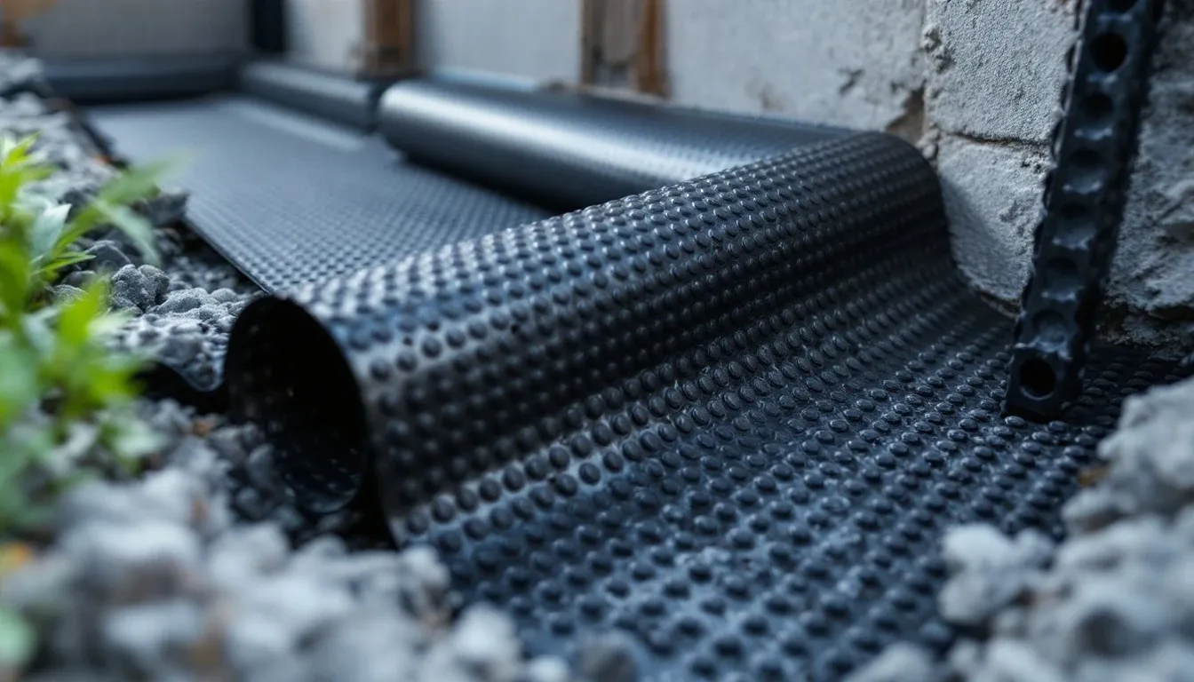 Black dimpled cavity drain membrane with raised nodules partially unrolled on basement concrete wall
