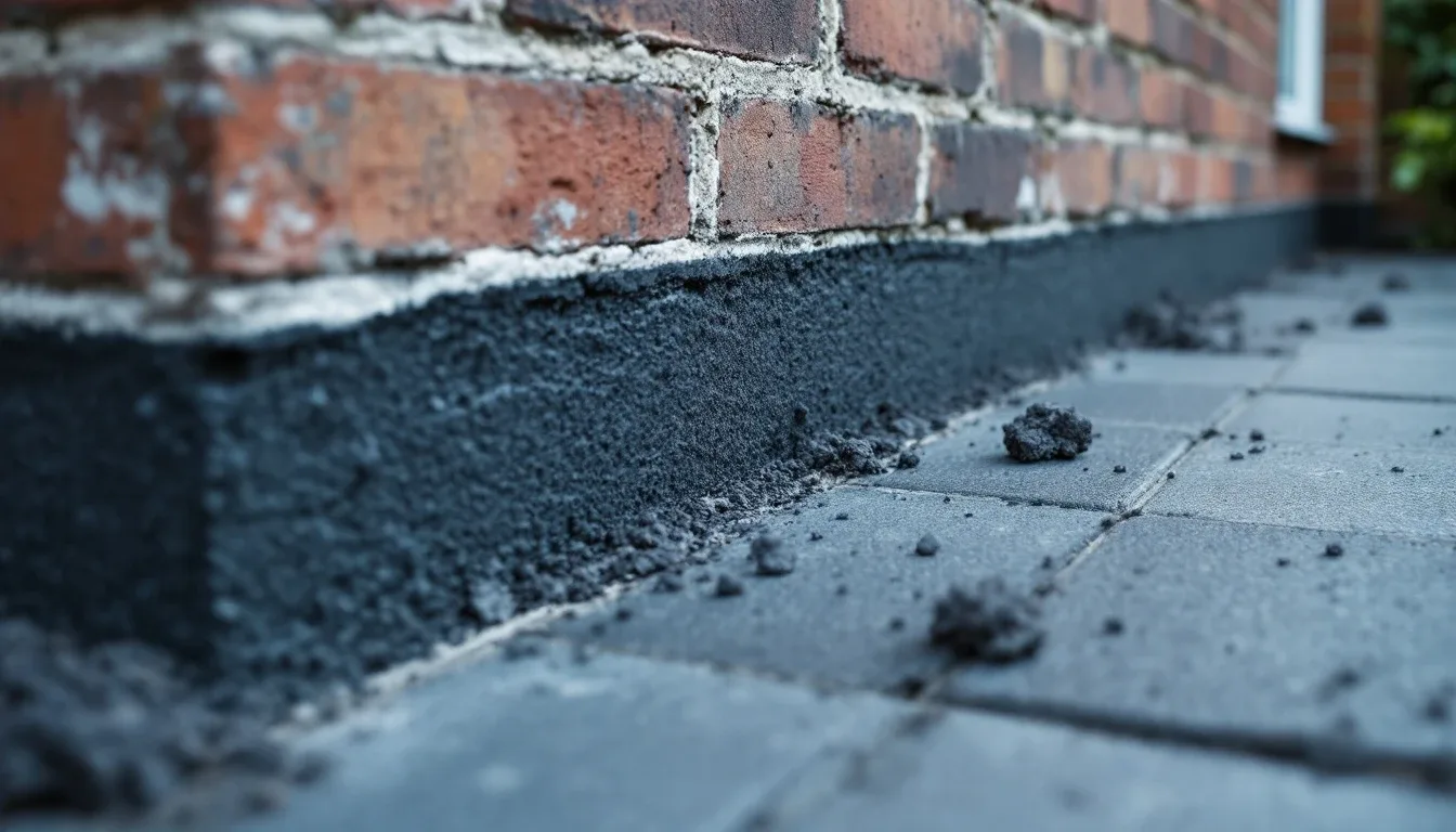 Base of a UK brick wall at paving level showing the dark damp proof course band between lower brick courses