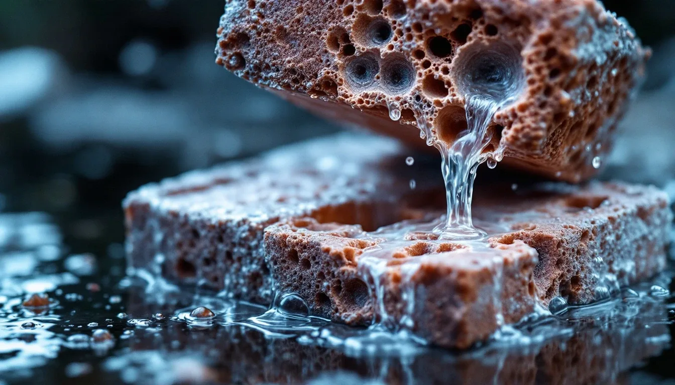 Macro photograph of porous brick structure showing capillary channels and moisture absorption